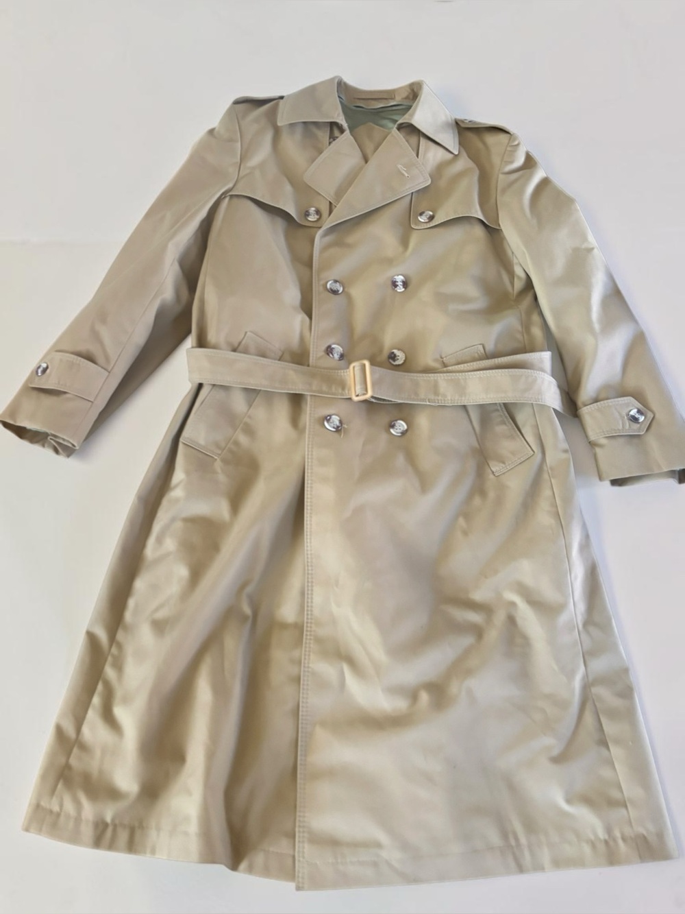 Vintage Beige Trench Coat L XL Plaid Lined Belted Double Breasted Long Coat